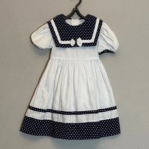 Vintage Bryan Girl's Size 4 Blue and White Polka Dot Sailor-Style Cotton Dress - Picture 1 of 11