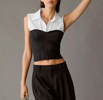 Maeve Collared Bustier Sweater Top In Black - Image 1 of 4