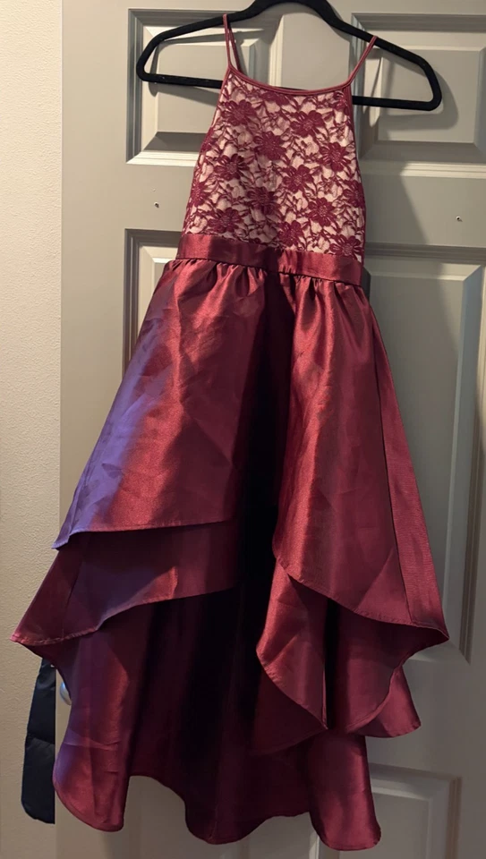 Vestido de fiesta de vacaciones para niñas talla 10 granate encaje tul alto bajo Navidad formal Foto 1 de 4