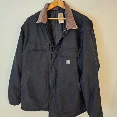 Carhartt Men's Chore Coat Black Corduroy Collar Workwear Jacket Distressed - Image 1 of 4
