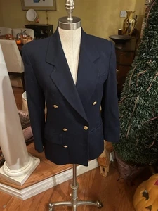 Vintage Liz Claiborne 4P Navy Blue Wool Double Breasted Blazer Gold Buttons - Picture 1 of 6