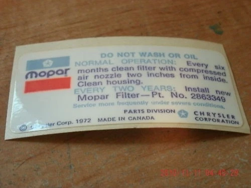 1973 PLYMOUTH DUSTER SATELLITE FURY AIR CLEANER DECAL - Image 1 of 1