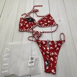 ZAFUL Triangle Red Floral Tie String Ribbed Bikini US 4 UK 8 - Picture 1 of 4