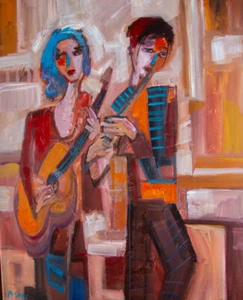 "Pintura artística de retrato original grande sobre lienzo estirado 28"" x 22" - Imagen 1 de 5
