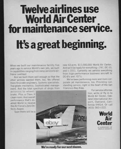 WORLD AIRWAYS 1966 12 AIRLINES USE WORLD AIR CENTER OAKLAND AIRPORT 707 JET AD - Bild 1 von 1
