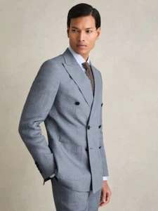 Herren Mode Blauer Leinen Anzug Leichte Jacke Minimalistisch Doppelreihig Männer - Bild 1 von 16