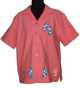 Jane Ashley Cute Coral Pink Embroidered Short Sleeve Blouse  - Women's Size L - Picture 1 of 5