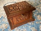 ?? 19Th Century China Chinese Canton Carved Wood Large Box With Key ???