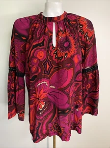 Trina Turk Size M Pink Purple Black Paisley Blouse Long Sleeve Bell Sleeve Silk - Picture 1 of 5