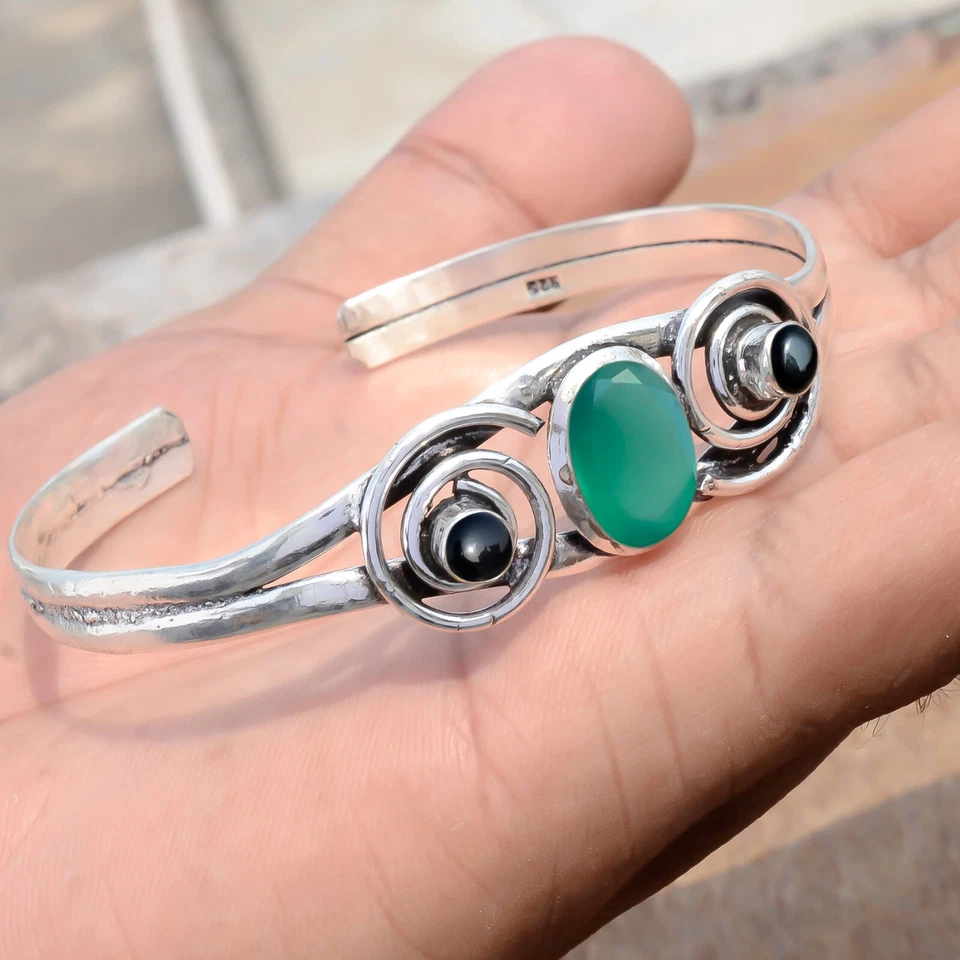 Brazalete Brazalete Regalo Sorpresa Plata Esterlina 925 Piedras Preciosas Ónix Verde y Ónix Negro Foto 1 de 4