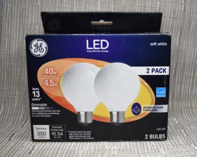 2 Pack GE LED Bulbs. G25. Dimmable. 40W Replacement 4.5W. 350Lumens. - Image 1 of 2