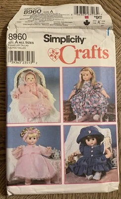 Simplicity Sewing Pattern 8960 Doll Clothes 3 Sizes 12-22" Dress, Hat, Panties - Image 1 of 2