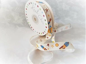 SPACE ROCKET planet star solar astronaut kids - Ivory Grosgrain ribbon 16mm - Picture 1 of 2