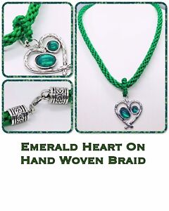 Emerald Green Hand Woven Kumihimo Braided Necklace And Large Heart Pendant