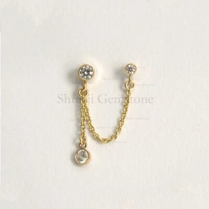 Natural Diamond Double Piercing Gold Chain Earrings 14k Yellow Gold Jewelry - Picture 1 of 2