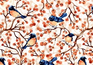 Berry Bush Birds Fabric,Orange Berries,Blue/Orange Birds on Berry Branches,44x36 - Picture 1 of 1