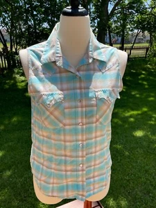 Rough Stock By Panhandle Slim Womens Sleeveless Western Plaid Shirt L 100% Cotto - Picture 1 of 8