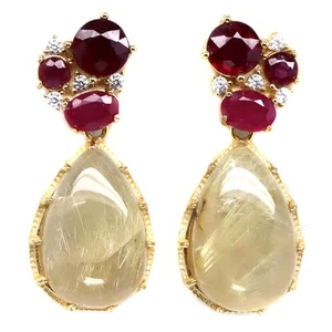 925 Silver 13 x 21 MM. Golden Rutile Quartz, Red Ruby & White Zircon Earrings - Picture 1 of 4