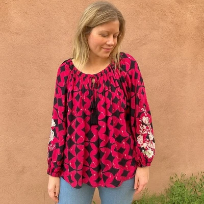 Blusa Boho Sundance Top Mujer XL Rosa Negra Abstracta Floral Bordada Borla Foto 1 de 4