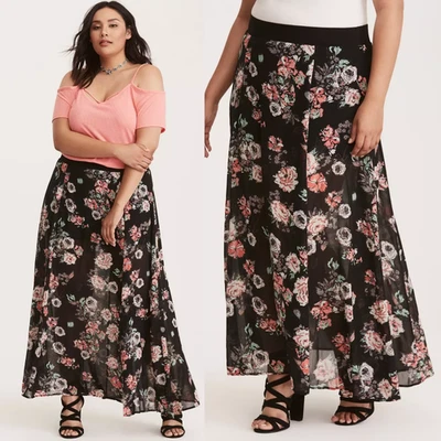 Maxi Falda Torrid 3 Negra Floral de Gasa Cintura Alta con Pantalones Cortos 3X 22 24 Foto 1 de 4