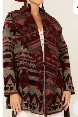 Cripple Creek Wine Navajo Blanket Wrap Collar Open Western Hooded Sweater XL - Image 1 of 4