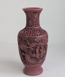 Vintage chinesische Vase geschnitzt roter Zinnober Lack orientalische Vase Höhe: 21 cm - Bild 1 von 9