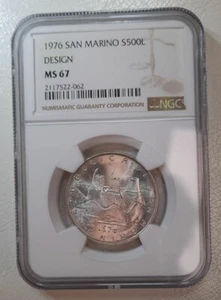 1976 SAN MARINO SILVER 500 LIRE 'DESIGN' -- NGC MS 67 -- UNC FINEST GRADE - Picture 1 of 2