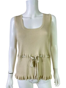 Akris Punto Tank Top Sleeveless Beige 100% Ribbed Cotton Ribbon Waist Tie Sz 14 - Picture 1 of 9