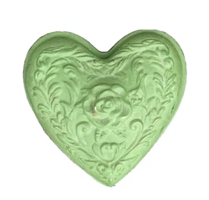 Green matte chalkware floral heart shape 3 foot trinket ring box 2 5/8 x 2 3/4" - Picture 1 of 5
