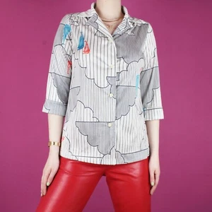 blusa vintage anni 80 fantasia retrò righe bianco crop camicia donna top media 12 - Foto 1 di 14