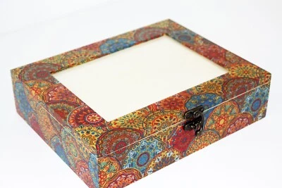 Wood handmade storage/trinket box/flexible compartments Photo lid Moroccan - Image 1 of 4