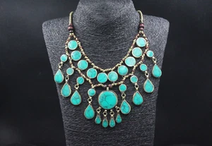 Vintage Afghan Alpaka Halskette, grüne Emaille Quasten Kostüm Halskette, - Bild 1 von 9