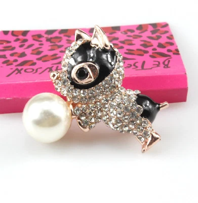 Betsey Johnson Black Eye Pearl Boxer Puppy Dog Rose Gold Brooch Free Gift Bag - Image 1 of 4