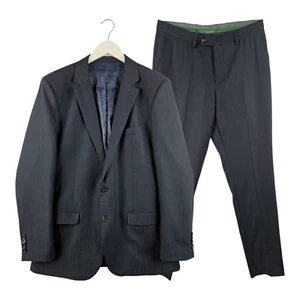Anh Village Silk Mens Navy Pinstripe Two Piece Suit Jacket 38L Trousers W32 L34 - Picture 1 of 14