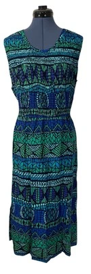VTG R & K Org Blue Green Mosaic Sleeveless Hawaiian Smock Maxi Dress Tie Back 12 - Image 1 of 4