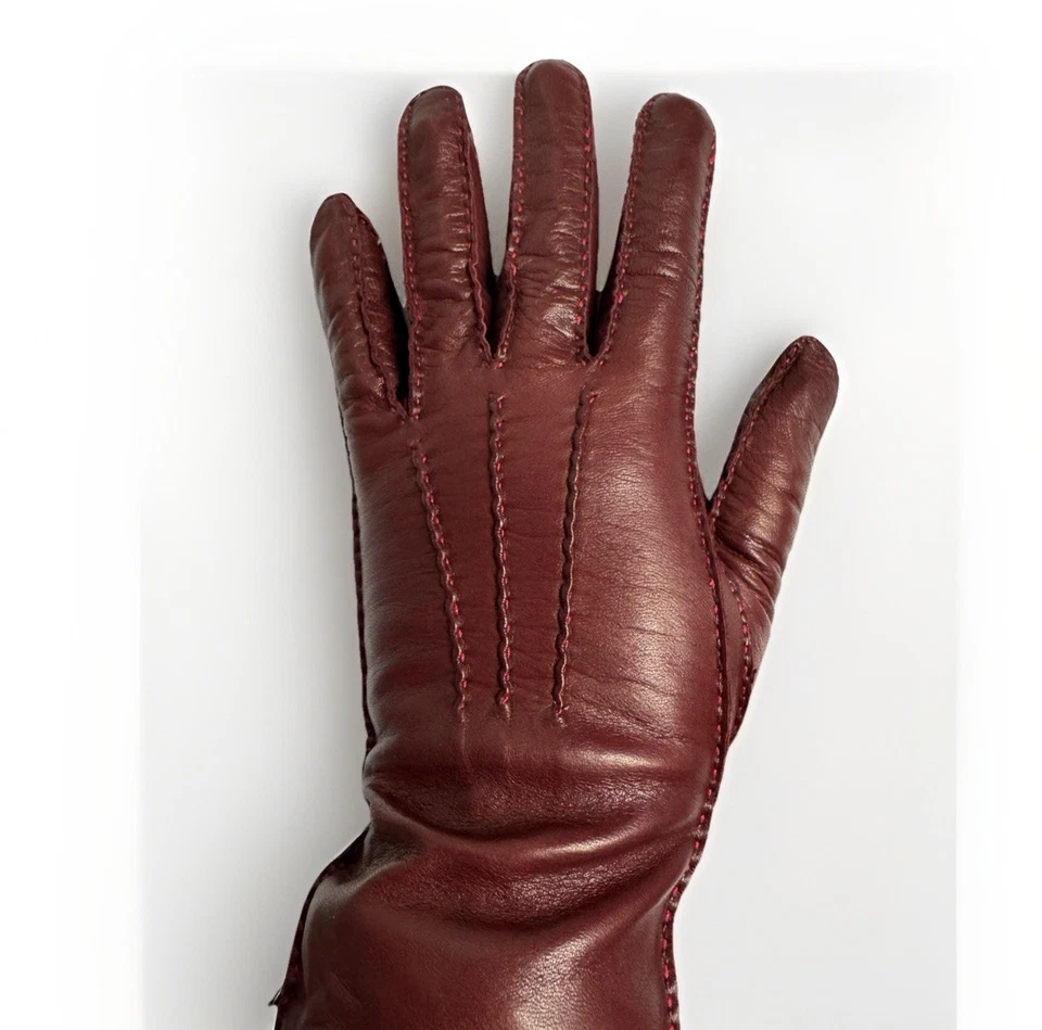 Guantes de Cuero COACH Borgoña Forrados de Seda Conducción 3 Puntos Hechos en Italia Talla 7 Foto 1 de 4