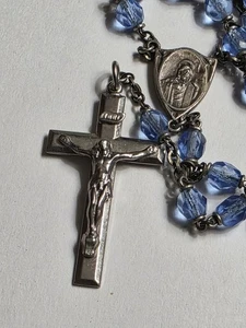 Vintage Blue Faceted Glass Bead Chain Silver Tone Crucifix - Picture 1 of 6