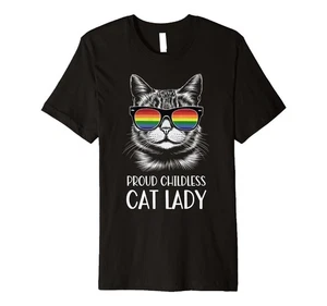 Women’s Small Proud Childless Cat Lady LGBT Gay Pride Liberal Black T-Shirt - Picture 1 of 1
