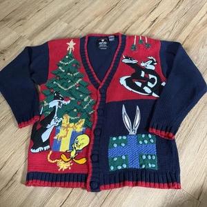 Vintage Looney Tunes Cardigan Sweater Women M Warner Bros Christmas Grandma Core - Picture 1 of 13