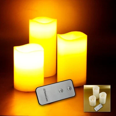 LED Kerze aus Echtwachs 3er Set flackernd Wachskerze mit Fernbedienung Beige - Bild 1 von 3