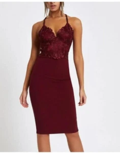 River island Midi Dress 16 18 Burgundy Berry Lace Wedding Occasion - Picture 1 of 13