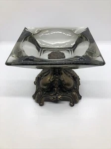 Vintage Brass Pedestal Ash Tray Smoky Black Square Retro - Picture 1 of 10