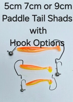 Hot Orange x 10 Shad Paddle Tail Soft Lures 5cm 7cm 9cm  Hook Weedless Jig Head - Image 1 of 4