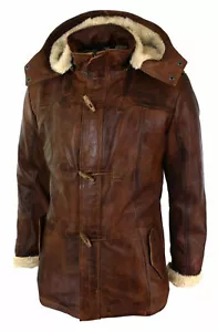 Men's Brown Duffle Over Coat Trench Hooded Long Genuine Sheepskin Leather Jacket - Picture 1 of 3
