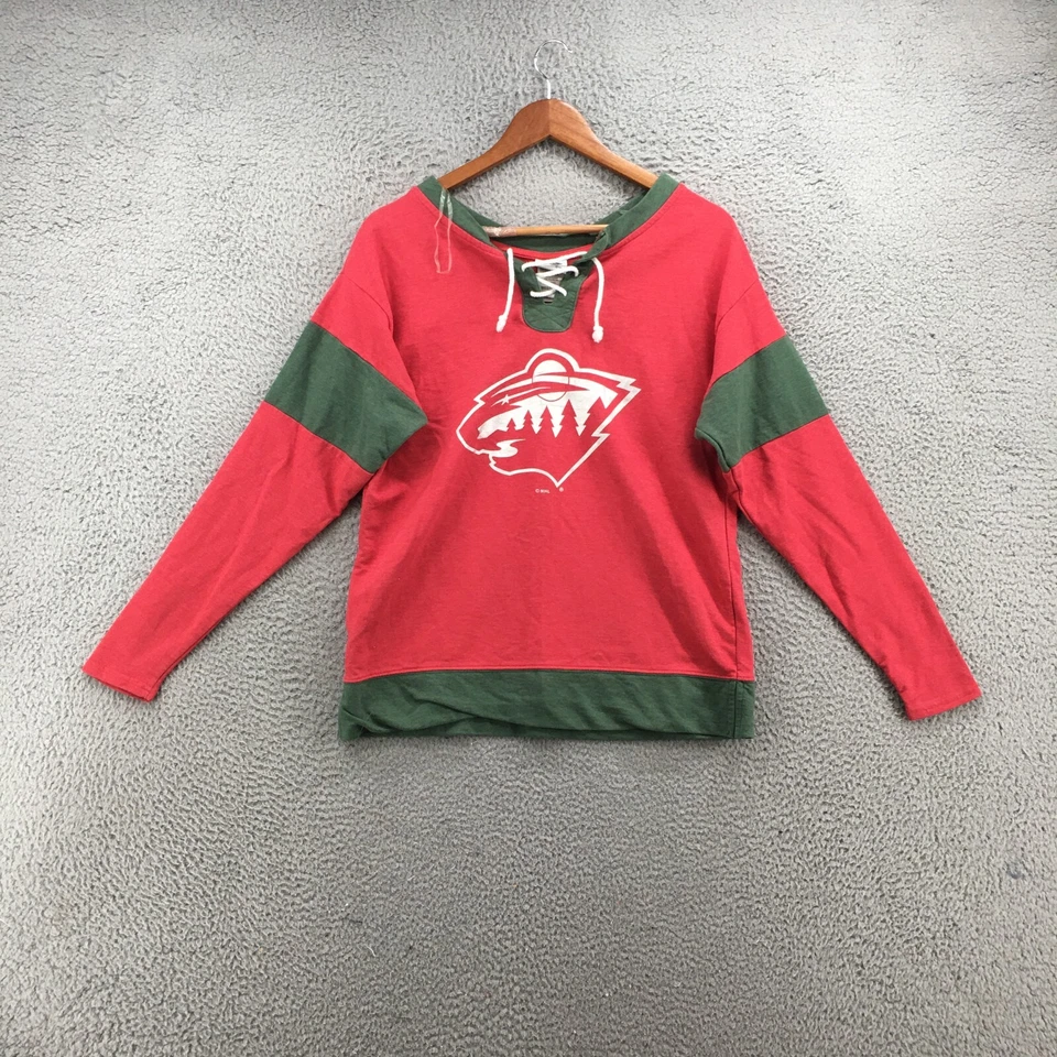 NHL Minnesota Wild рубашка женщин M 8/10 красный зеленый длинным рукавом пуловер галстук спереди - Изображение 1 из 4