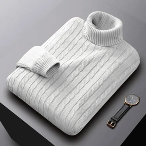 High necked sweater for men's knitted base, slim fitting solid color sweater - Picture 1 of 37