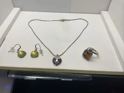 Conjunto de collar y pendientes vintage de plata de ley con anillo marrón piedra redonda Foto 1 de 4