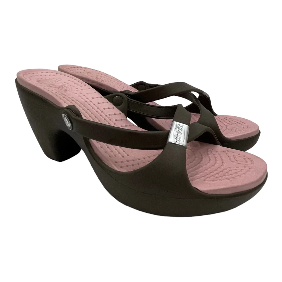 Crocs Cyprus Slip on Heel Sandals Comfort Chocolate Brown Cotton Candy Pink W10 - Image 1 of 4