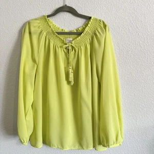 Chico's Top Gr. 3/XL limettengrün gesmokter Ausschnitt Langarm Krepp Bluse - Bild 1 von 8