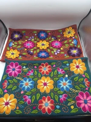 Pair Decorative Peruvian Handmade Embroidered Flowers Pillow Covers vintage - Image 1 of 4